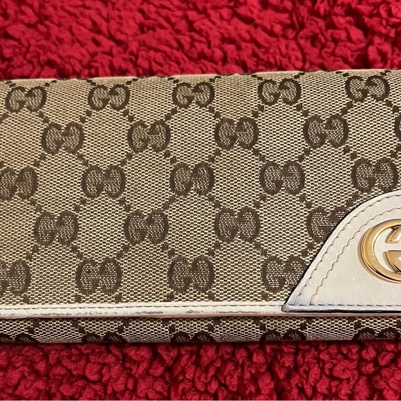 GUCCI AUTHENTIC GG MONOGRAM SUPREME CREAM&WHITE LEATHER&CANVAS LONG WALLET.EUC. - Picture 2 of 13